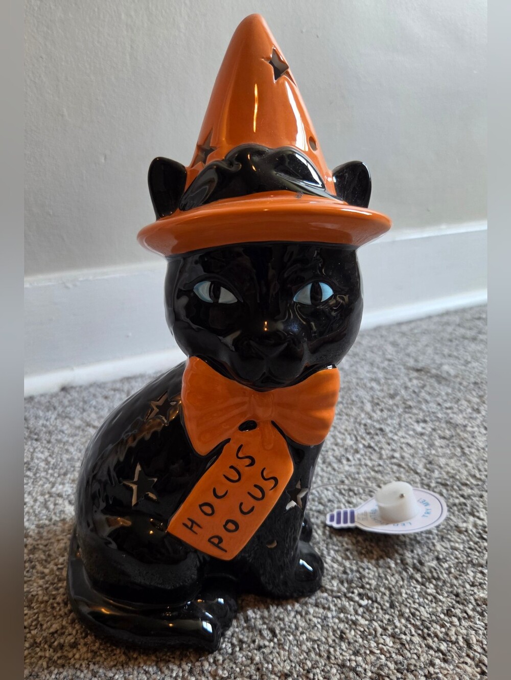Black Ceramic Cat With Witch Hat Halloween Light Up Decor Hocus Pocus